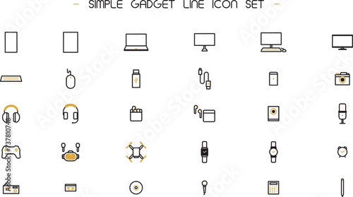 様々なガジェットをモチーフにしたシンプルなラインアイコンセット（黄） Simple gadget line icon set (yellow)