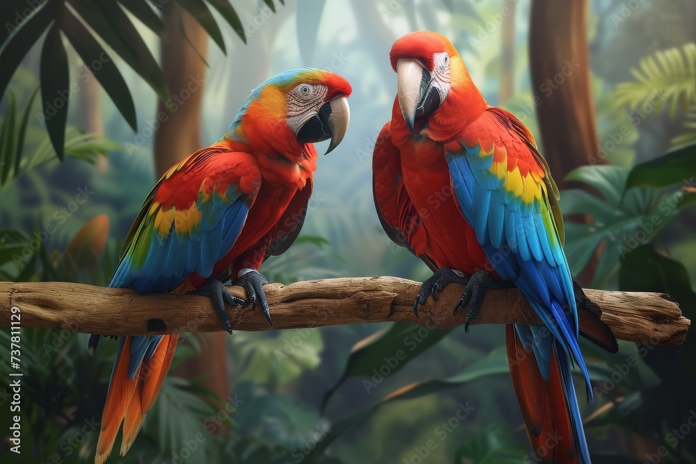 Two colorful macaws perched on a branch in a lush tropical environment.