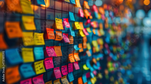 Sticky Note Post It Board Office. Business people meeting at office and use post it notes to share idea. Brainstorming concept. Sticky note on glass wall or blackboard. Set of colorful blank notes.