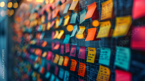 Sticky Note Post It Board Office. Business people meeting at office and use post it notes to share idea. Brainstorming concept. Sticky note on glass wall or blackboard. Set of colorful blank notes. photo