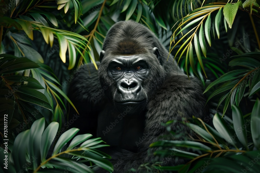 Majestic gorilla camouflaged in lush green foliage, staring intently at the camera with a powerful gaze.