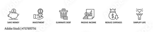 Financial freedom banner web icon set vector illustration concept with icon of save money, investment, eliminate debt, passive income, reduce expenses, simplify life