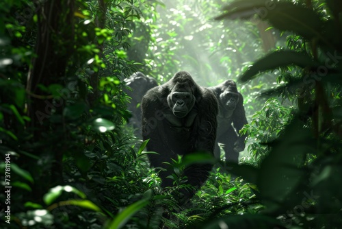 Majestic gorilla in misty jungle, natural habitat scene with lush greenery and sunlight filtering through foliage.