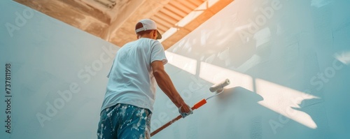 Painter using white roller for wall painting