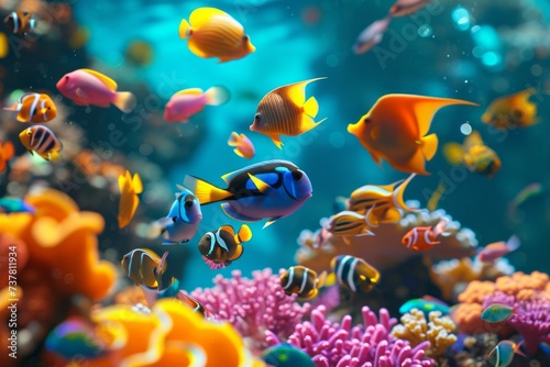 Colorful tropical fish swimming among vibrant coral reefs in clear blue water.