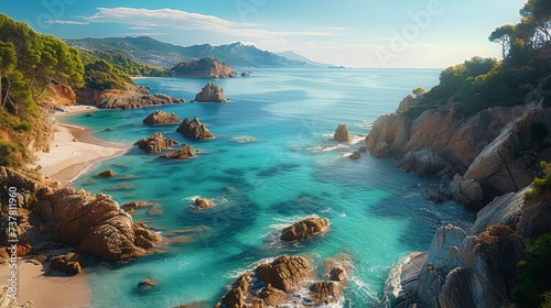 A picturesque Mediterranean cove bathed in sunshine with clear turquoise waters.