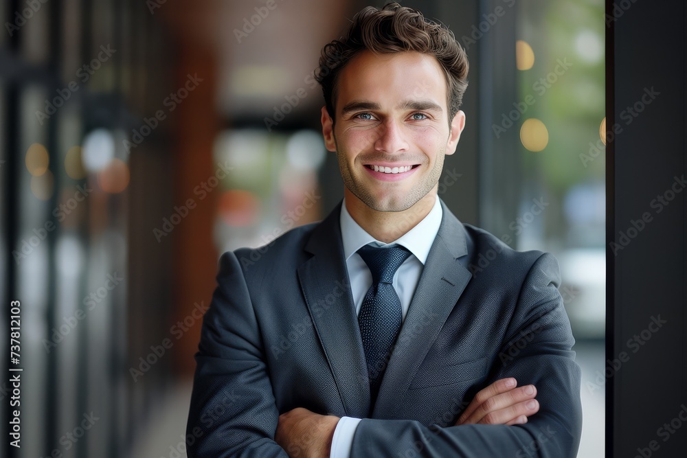 Smiling businessman with arms crossed in a modern office Smiling businessman with arms crossed in a modern office