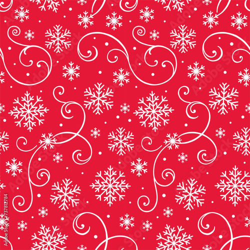 Snowflakes and Swirls Seamless Patten in Red Backgorund- Christmas Snowflakes Vector Illustration