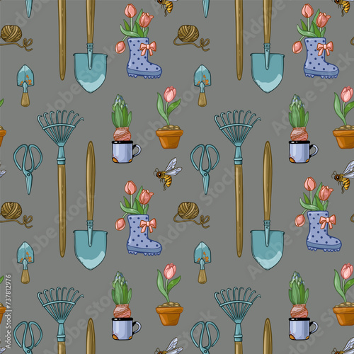 Seamless pattern with spring flowers and garden tools.