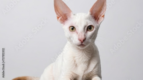 Portrait of White cornish rex cat on grey background