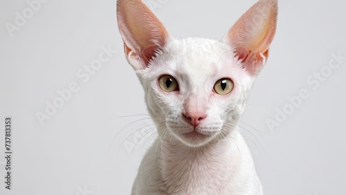 Portrait of White cornish rex cat on grey background