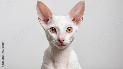 Portrait of White cornish rex cat on grey background photo