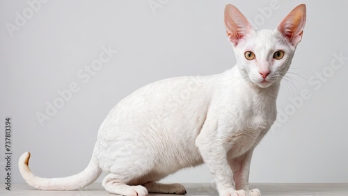 Portrait of White cornish rex cat on grey background