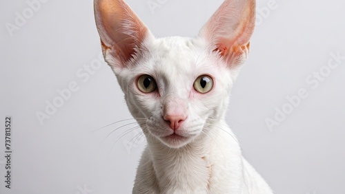 Portrait of White cornish rex cat on grey background