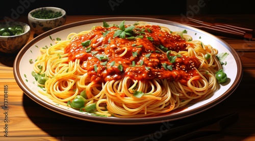 a plate of spaghetti with sauce and basil