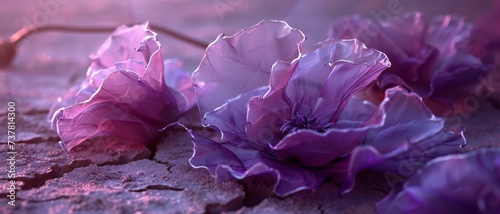 a dreamy realm with amethyst-hued poppy petals gracefully unfolding on the dry earth, highlighted in macro close-ups. photo