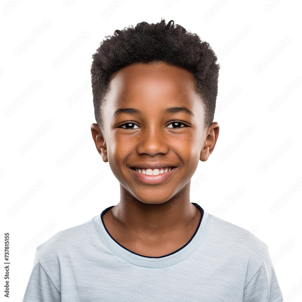 Cheerful young African American boy with short curly hair, cut out