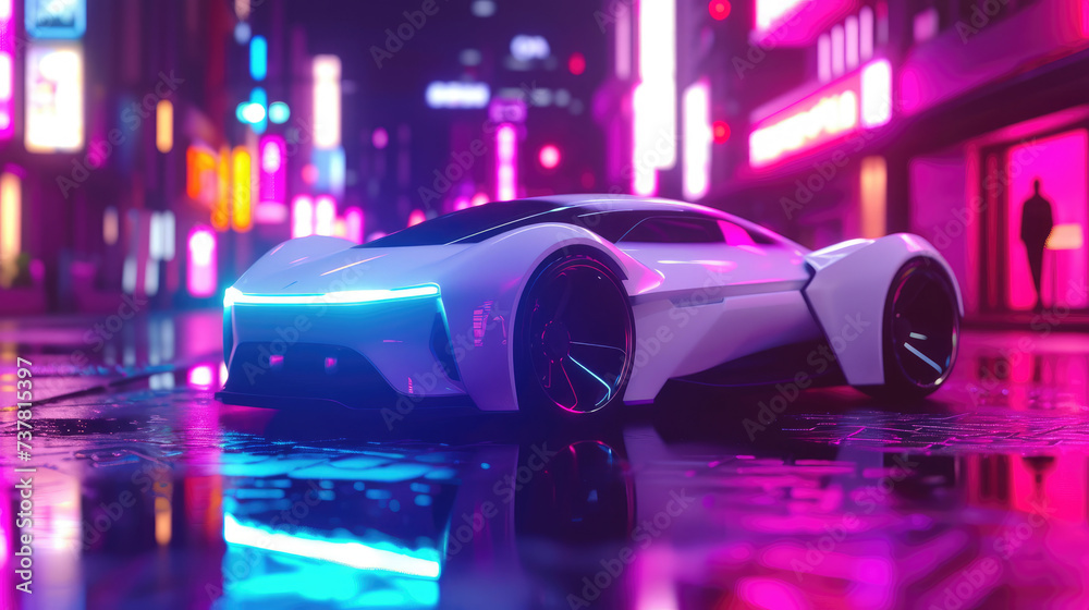 A sleek, luminous sports car illuminates the darkened street with its gleaming exterior and mirrored reflection A sleek, luminous sports car illuminates the darkened street with its gleaming exterior and mirrored reflection