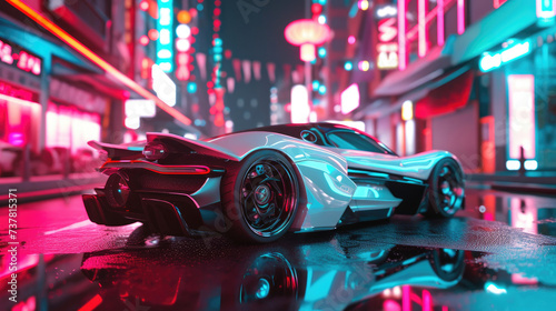 A sleek sports car glides through the rain-soaked streets at night, its powerful wheels propelling it past towering buildings with its cutting-edge automotive design