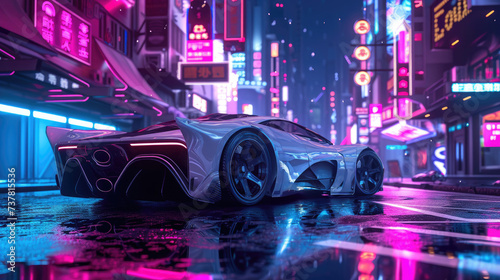 A sleek sports car navigates through the rainy city streets, its wheels gripping the wet pavement as it passes by illuminated buildings, showcasing its impressive automotive design and high-performan
