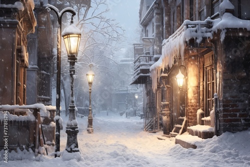 a snowy street with street lights and buildings