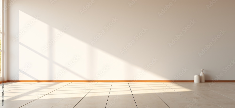 a white wall with brown trim and tile floor - obrazy, fototapety, plakaty 