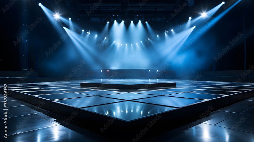 A modern, empty stage set for a contemporary dance performance, illuminated by soft, dynamic LED lighting, showcasing a sleek, minimalist design with a reflective black floor and a backdrop of geometr