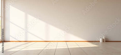 a white wall with brown trim and tile floor photo