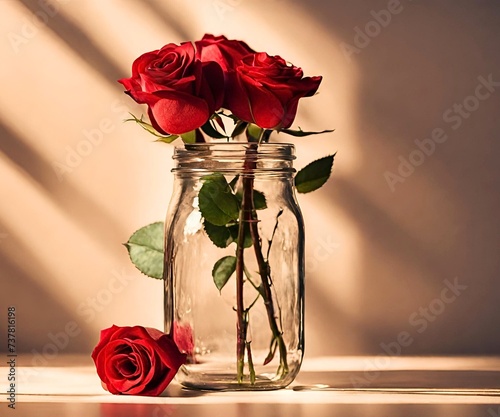 Beautiful red roses in a vase with natural light background. Attractive photography of red roses photo