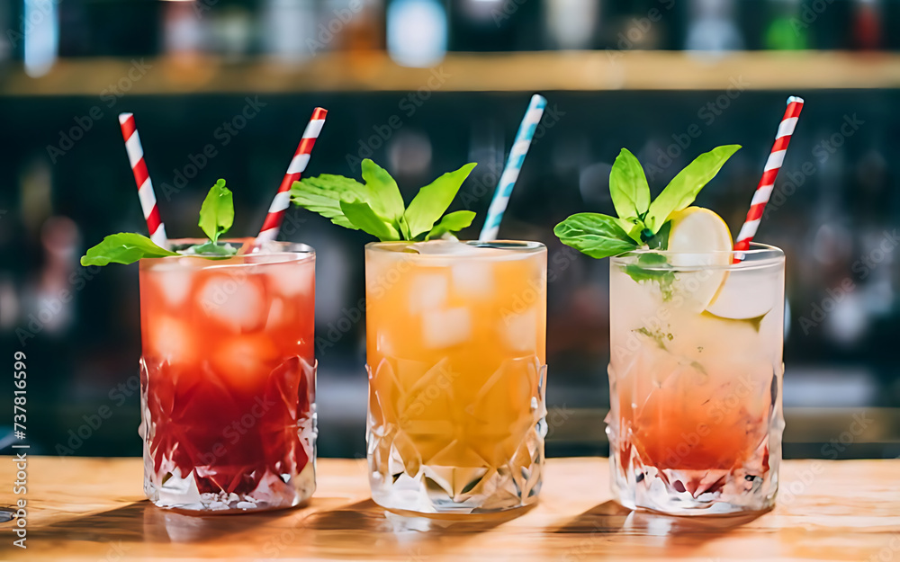 Creative sweet exotic alcohol cocktails at bar background three glasses on table refreshing drinks with straws