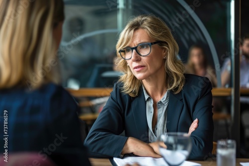 A woman sits at a table, holding a glass of water in her hand, Businesswoman looking determined and focused during negotiations, AI Generated