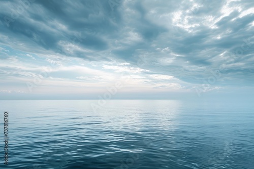 An expansive body of water stretches across the horizon, reflecting the cloudy sky as the sun sets, Calm sea horizon under minimal cloudy sky, AI Generated