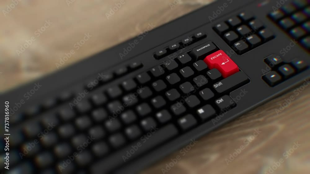 Escape red button on keyboard. A finger presses Escape. Click Escape. Realistic keyboard button. Red button Escape to push. Set for action. Keyboard with unique word to press. Wideshot CGI Escape red button on keyboard. A finger presses Escape. Click Escape. Realistic keyboard button. Red button Escape to push. Set for action. Keyboard with unique word to press. Wideshot CGI