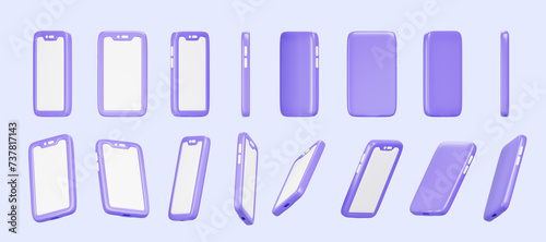 Fototapeta Naklejka Na Ścianę i Meble -  3d set of mobile phone rotation render. Cartoon isolated purple smartphone icons with empty white screen mockup, animation with sequence rotating elements, template for game ui design. 3D illustration