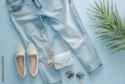 Top view flat lay woman outfit including denim jeans and shoes