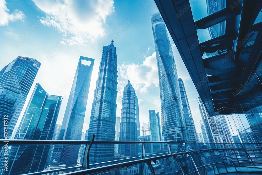 A bustling city skyline featuring a group of towering buildings creating an impressive urban landscape, Charming panorama of modern city skyscrapers, AI Generated A bustling city skyline featuring a group of towering buildings creating an impressive urban landscape, Charming panorama of modern city skyscrapers, AI Generated