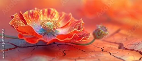 the mystique of a single marigold poppy in extreme macro, its bloom captured in stunning detail against the cracky earth. photo