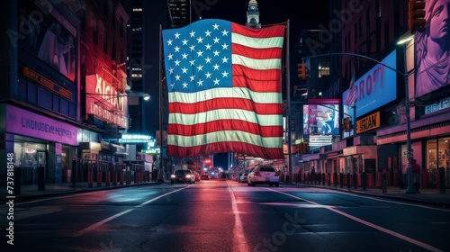 Large American Flag on City Street