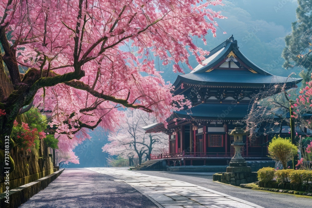 A pagoda surrounded by trees with blooming pink flowers, creating a stunning and vibrant scene, Cherry blossom trees surrounding an ancient Japanese temple, AI Generated