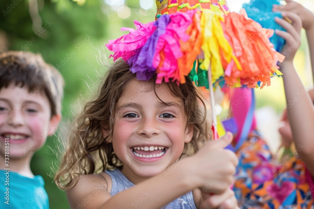 Group of Young Children Standing Together at School, Children enjoying a piñata at an outdoor summer party, AI Generated Group of Young Children Standing Together at School, Children enjoying a piñata at an outdoor summer party, AI Generated
