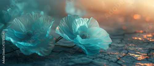 the tranquility of teal poppies gracing the dry earth, their ethereal beauty unveiled in macro close-ups.. photo