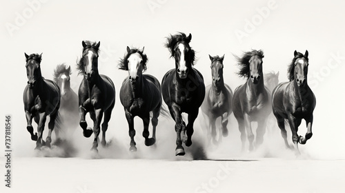 A group of horses running in a line on a white background.