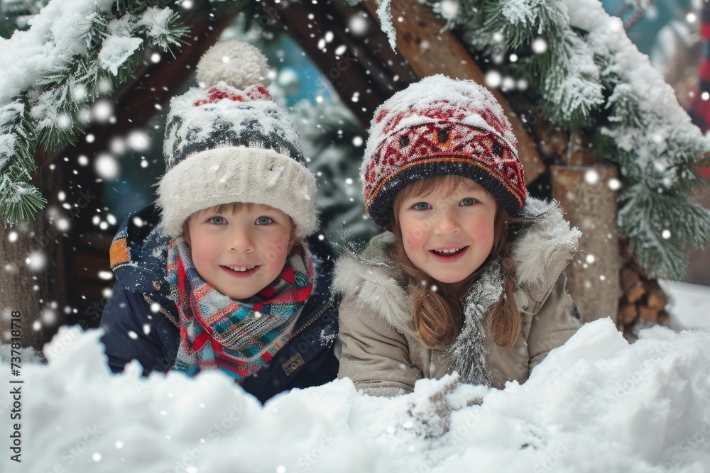 Two young children enjoy the snowy weather as they build a snowman together, Children making a snow fort with a Christmas backdrop, AI Generated