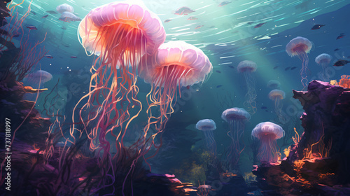 A group of jellyfish swimming over a coral reef.