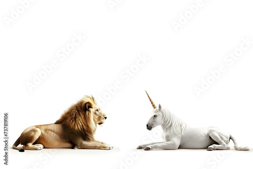 lion and unicorn on white background perfect symmetrical photo centered copy space. Concept Symmetrical Wildlife Portraits  Lion and Unicorn Duo  White Background Photography  Centered Copy Space