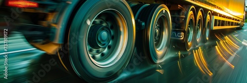 closeup wheels in motion from an articulated lorry, traveling along a UK motorway.  photo
