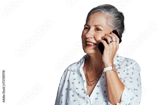 Mature woman, phone call and smiling in conversation, talking and speaking on technology. Senior female person, online and connect in retirement, happy and isolated on transparent png background