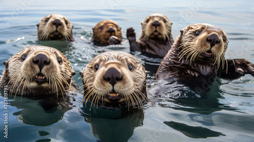 A group of sea otters swimming in the ocean together. © Natia