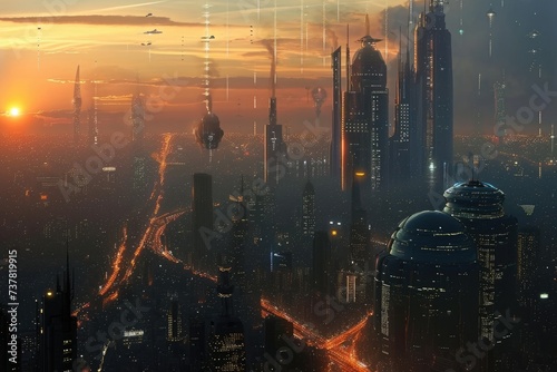 A cityscape of a technologically advanced city with tall skyscrapers and flying vehicles, illuminated by a vibrant sunset, Cities of the future with advanced technology, AI Generated