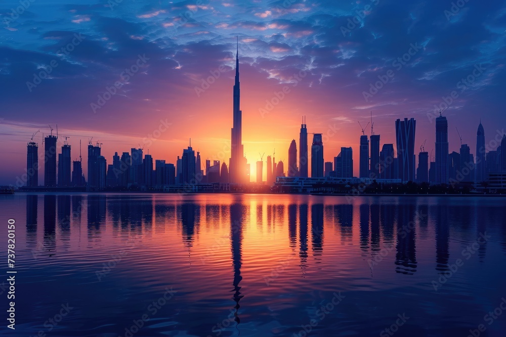 This stunning photo captures the beauty of a city at sunset, with its reflection shimmering in the water, City skyline being kissed by the first rays of sunrise, AI Generated This stunning photo captures the beauty of a city at sunset, with its reflection shimmering in the water, City skyline being kissed by the first rays of sunrise, AI Generated